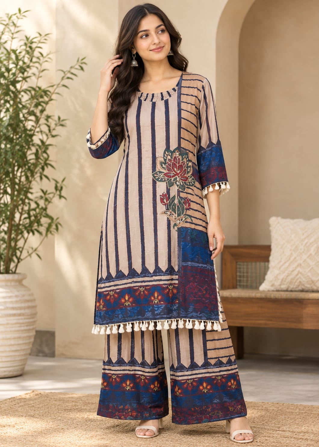 Beige & Indigo Lotus Batik Printed Palazzo Set