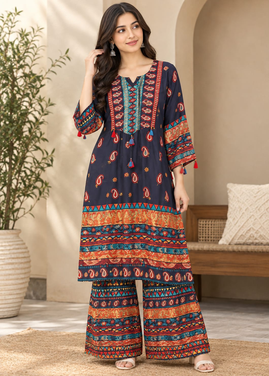 Navy Blue Ethnic Printed Palazzo Set