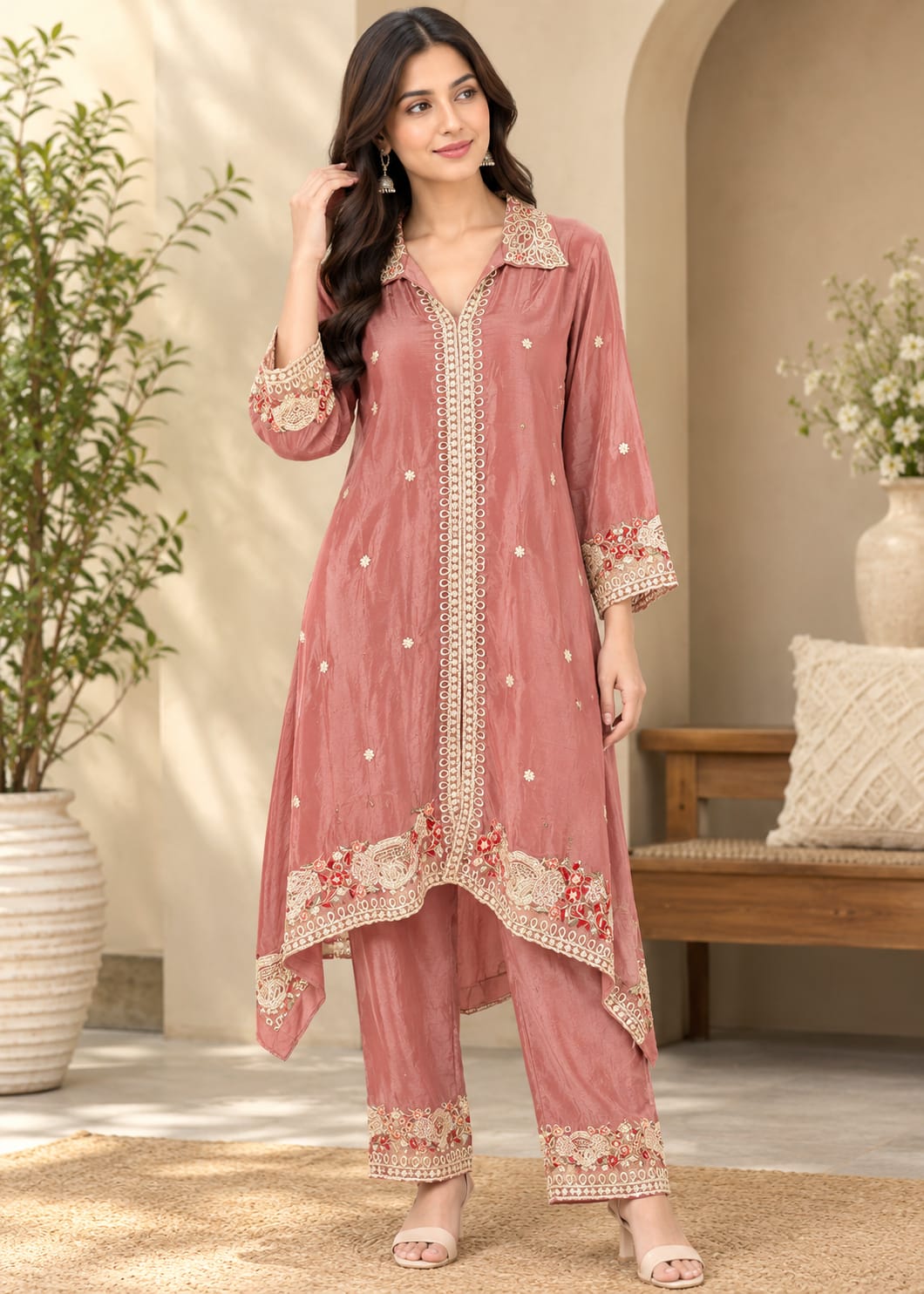 Rose Pink Embroidered Asymmetric Co-Ord Set