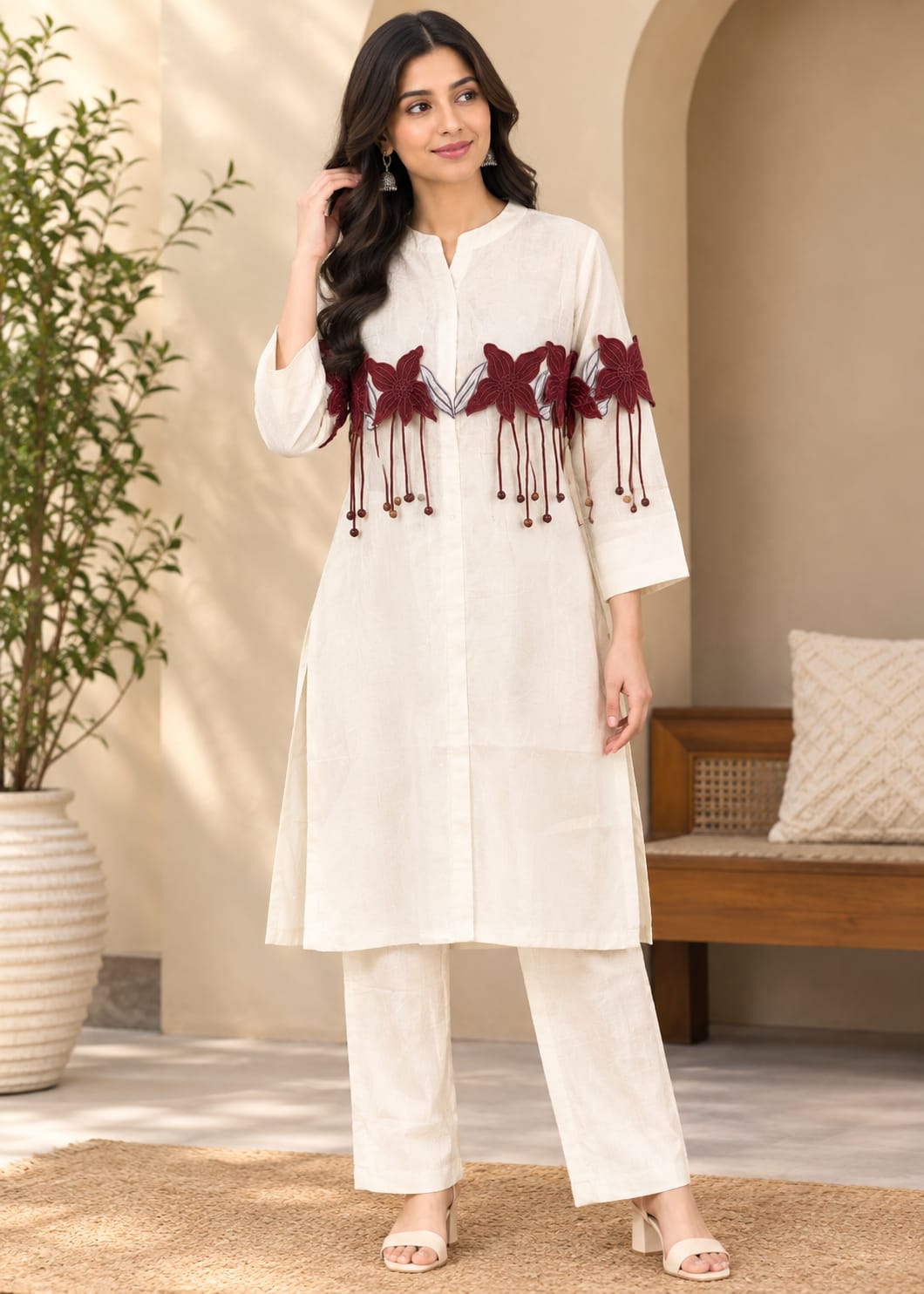 Off-White Tasseled Floral Co-Ord Set