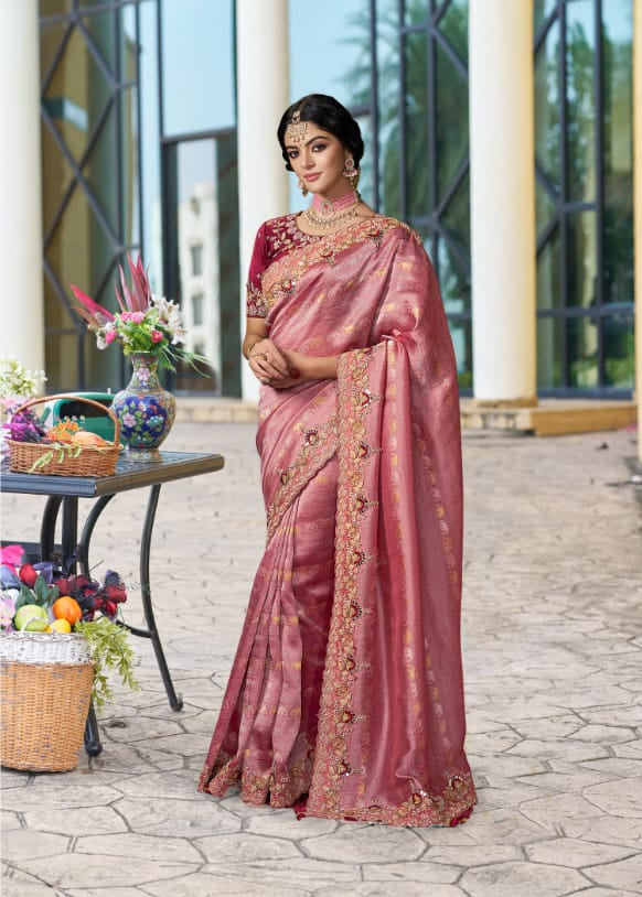 Rose Pink Silk Saree with Maroon Embroidered Blouse