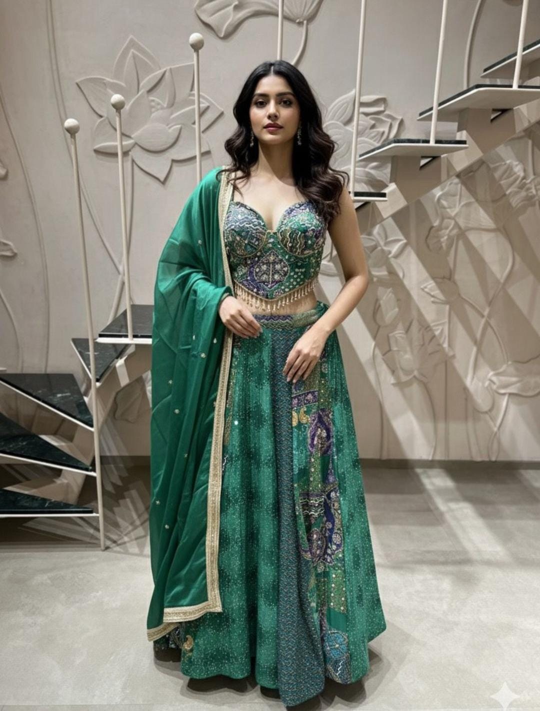 Green Embellished Lehenga with Corset-Style Blouse