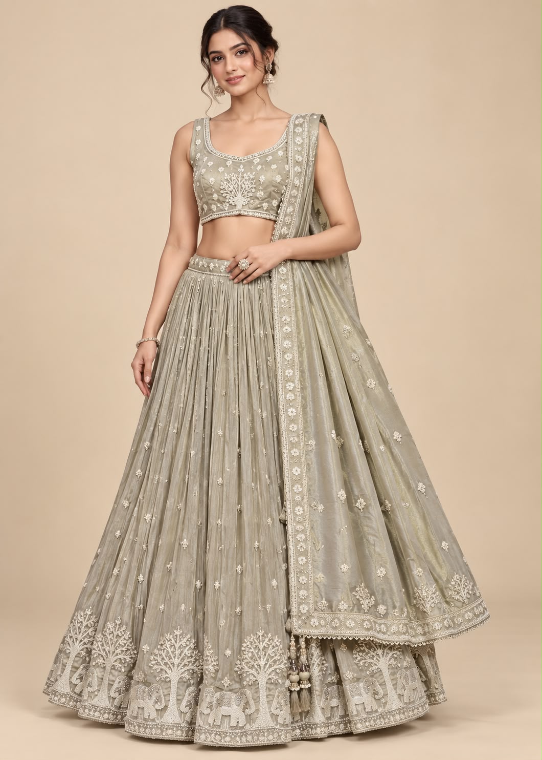 Grey Embroidered Lehenga with Matching Dupatta