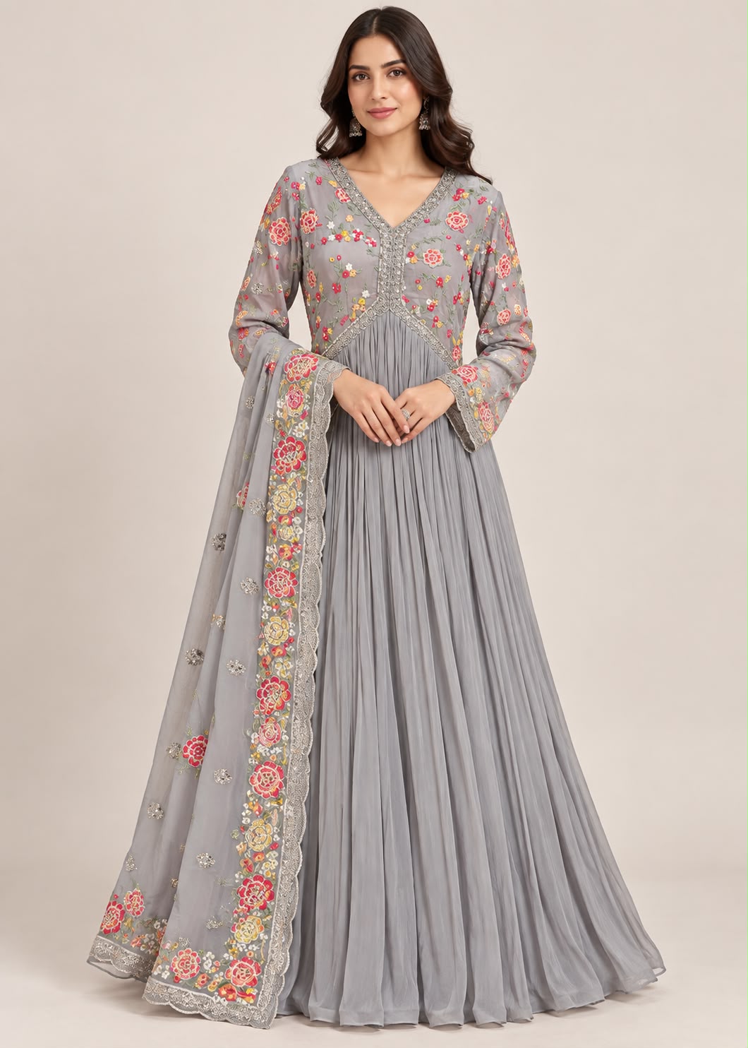 Muted Grey Embroidered Silk Anarkali Gown with Floral Dupatta
