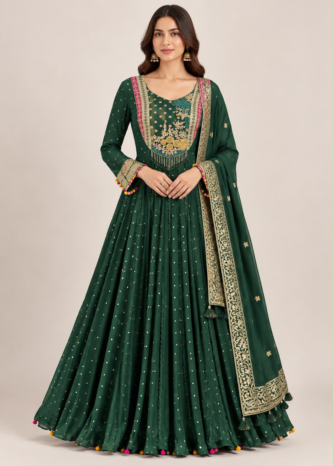 Pine Green Hand-Embroidered Bandhani Anarkali Gown