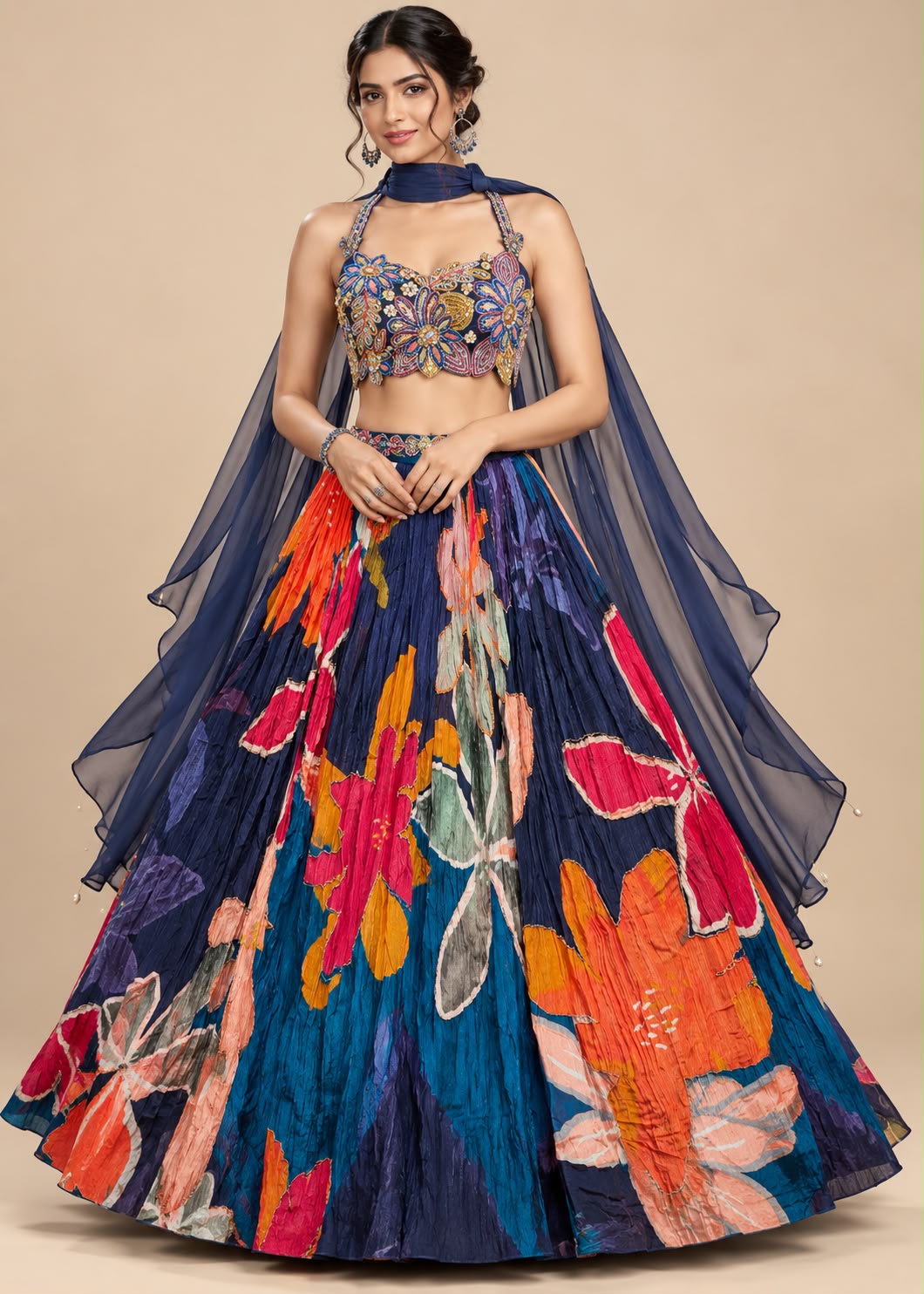 Multicolour Floral Printed Lehenga with Embellished Blouse