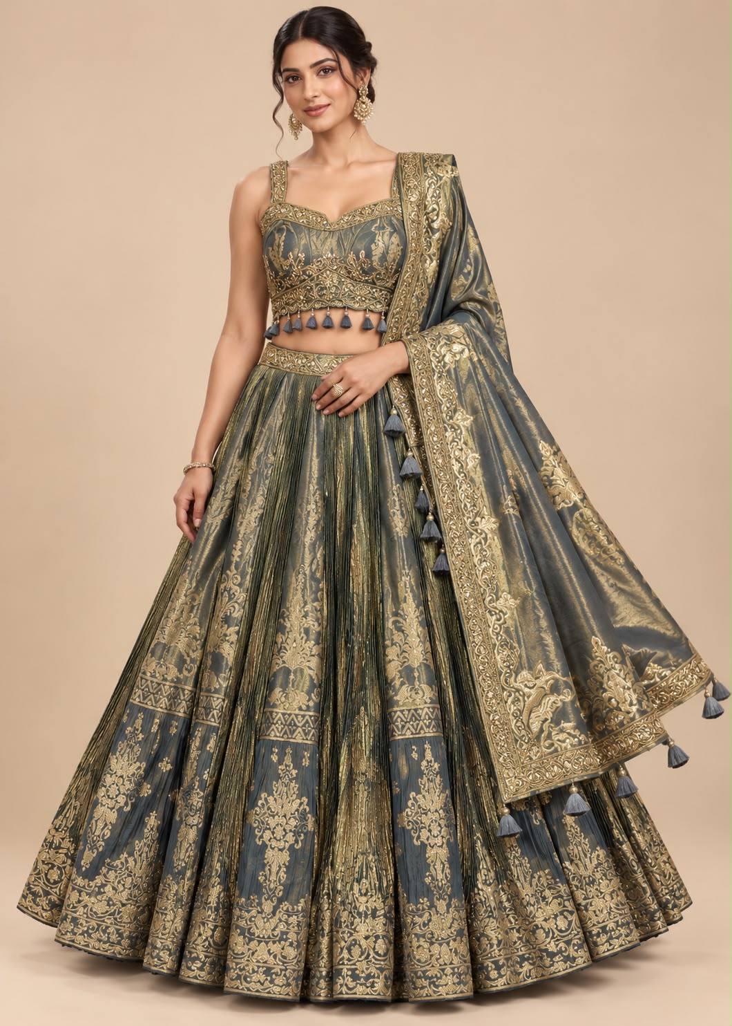 Petrol Green Lehenga with Embellished Blouse and Dupatta