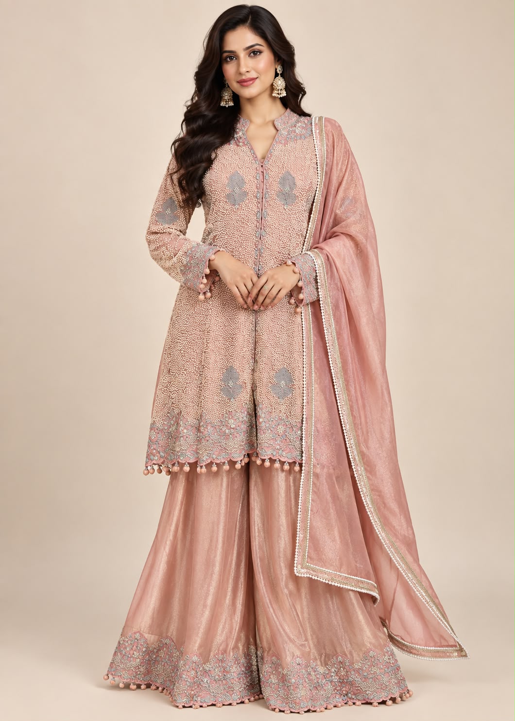 Pink Embellished Palazzo Suit with Dupatta
