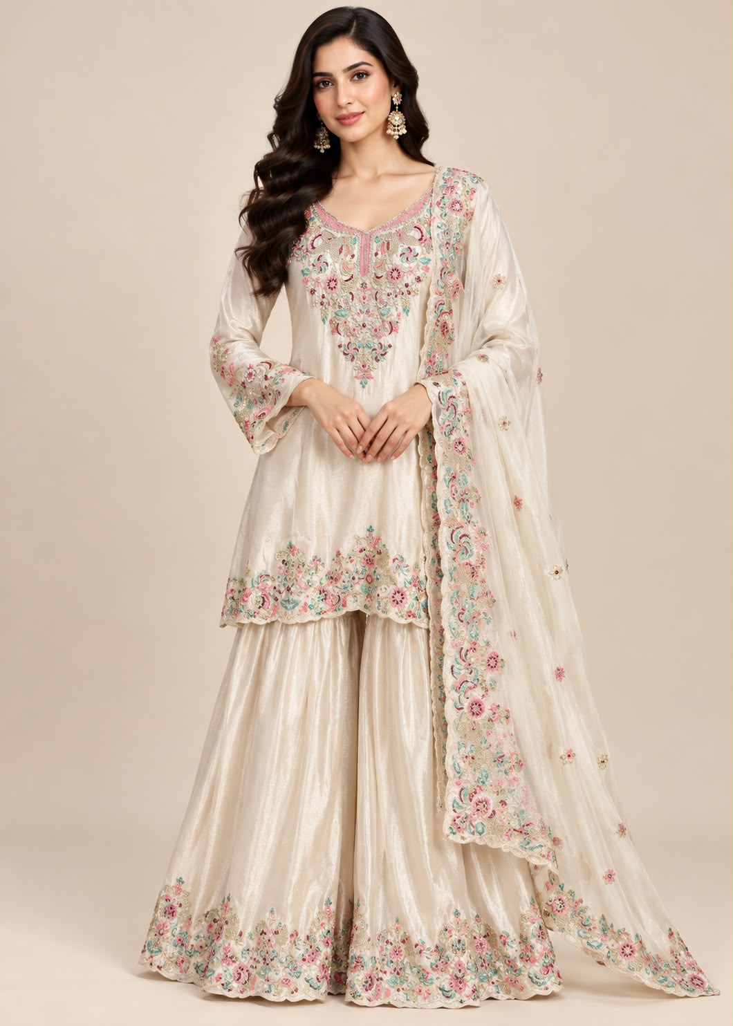 Cream Floral Embroidered Palazzo Suit with Dupatta