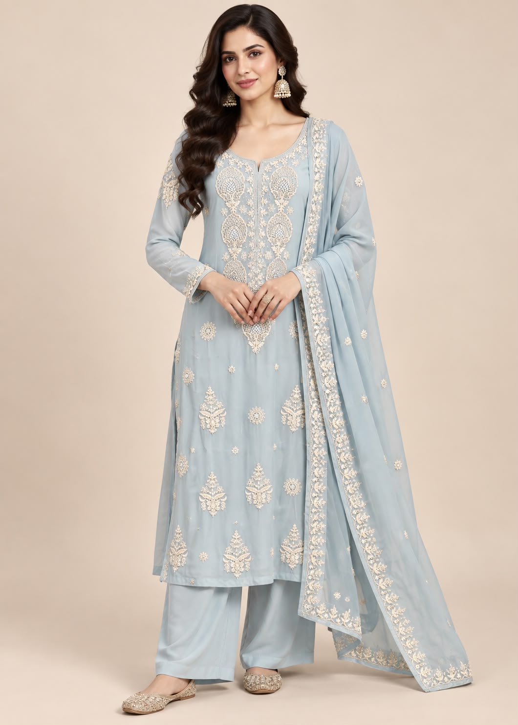 Ice Blue Floral Embroidered Palazzo Suit with Dupatta Main image