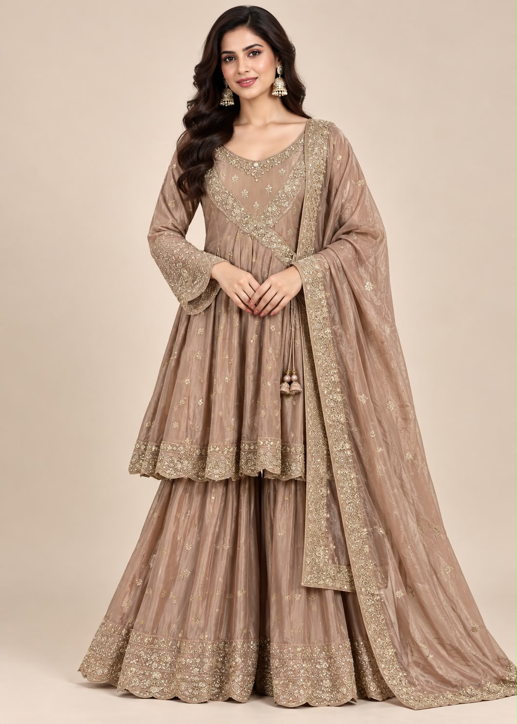 Brown Embroidered Angrakha-Style Palazzo Suit with Dupatta Main image