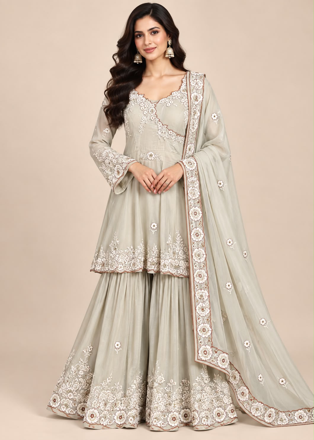 Green Floral Embroidered Peplum Palazzo Set with Dupatta Main image