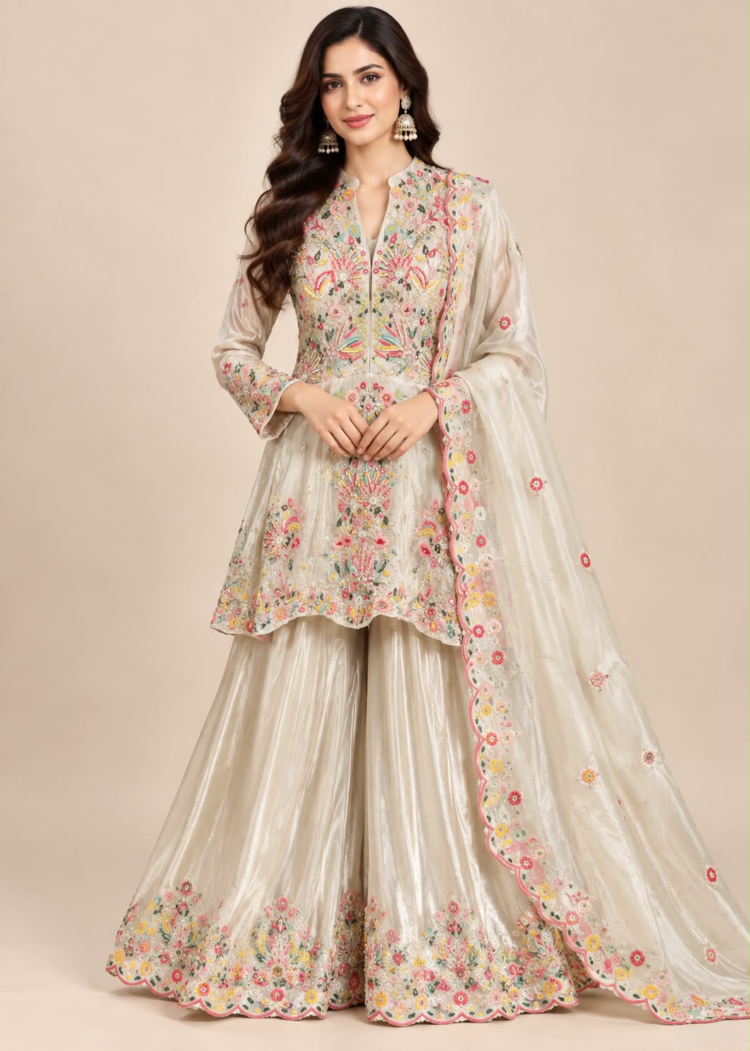 Cream Floral Embroidered Peplum Palazzo Set with Dupatta Main image