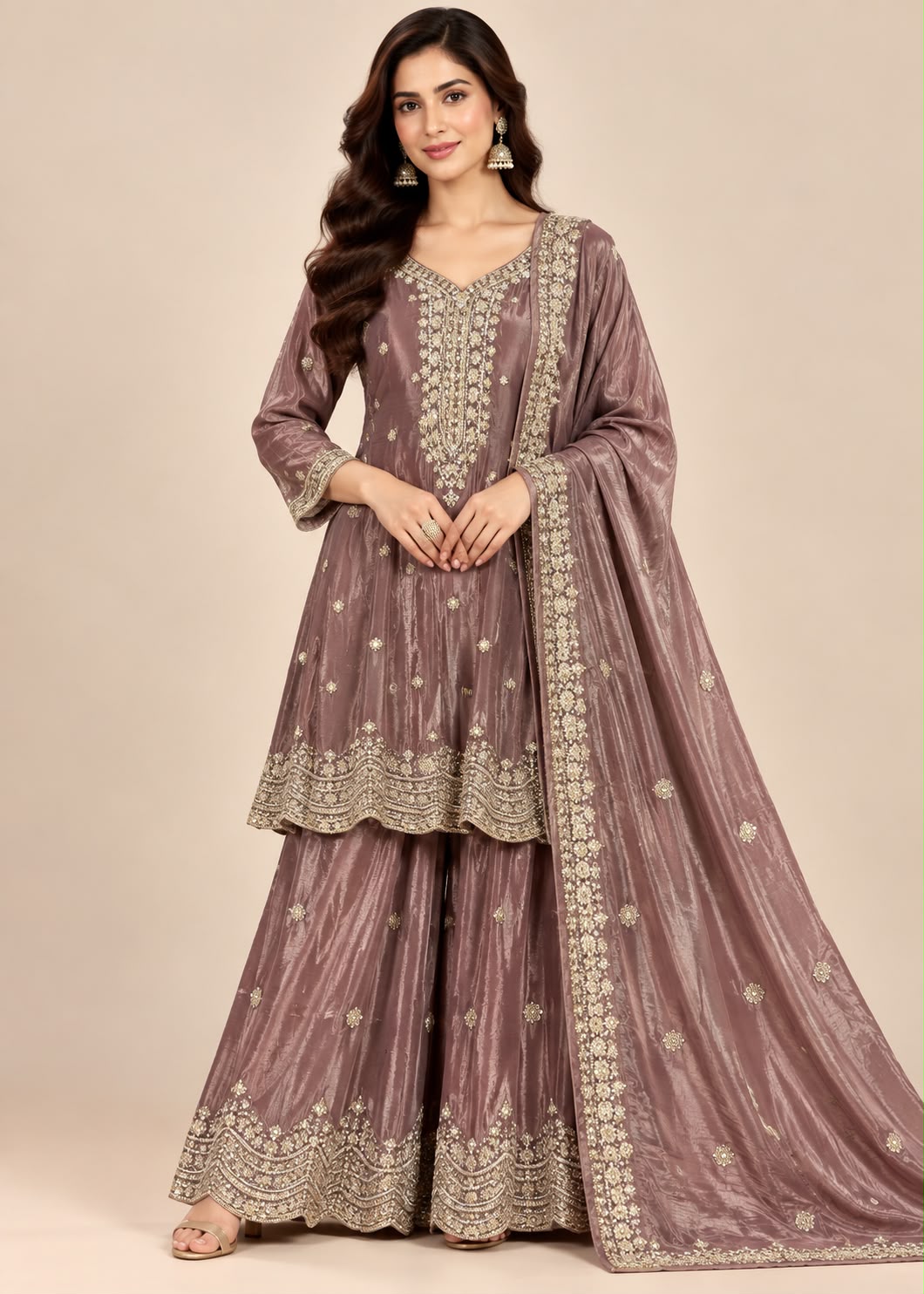 Brown Embroidered Palazzo Suit with Dupatta Main image