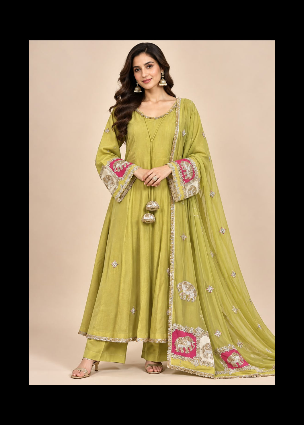 Mehendi Embroidered Flared Suit with Elephant Motif Main image