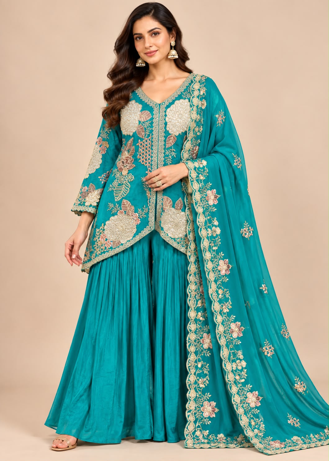 Rama Floral Embroidered Palazzo Set with Dupatta