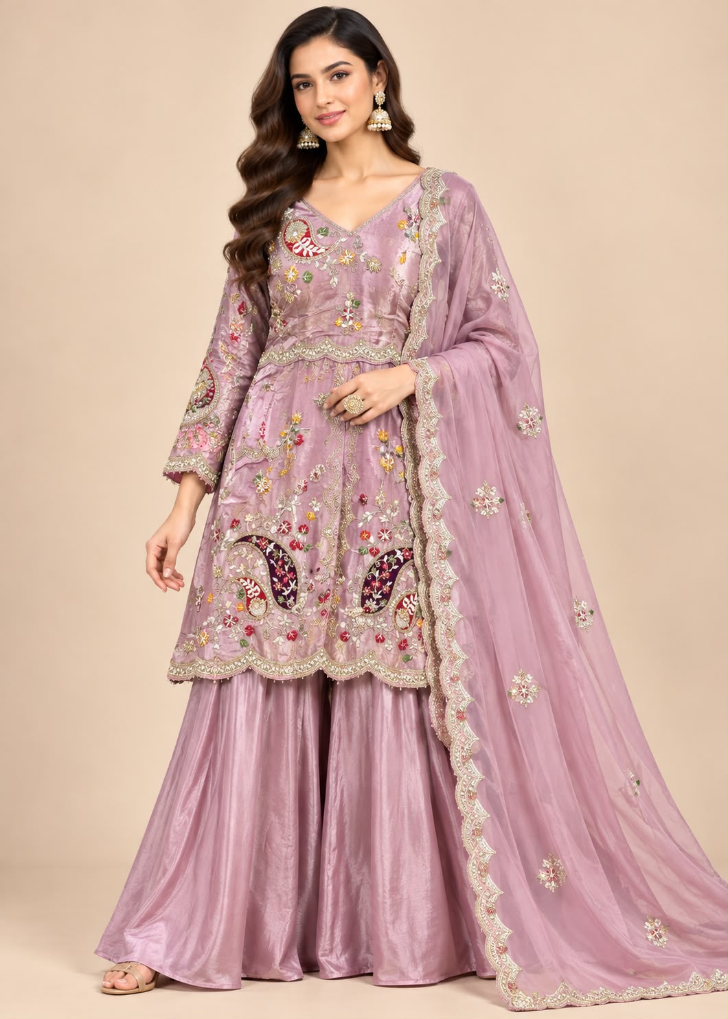 Pink Floral and Paisley Embroidered Palazzo Suit with Dupatta