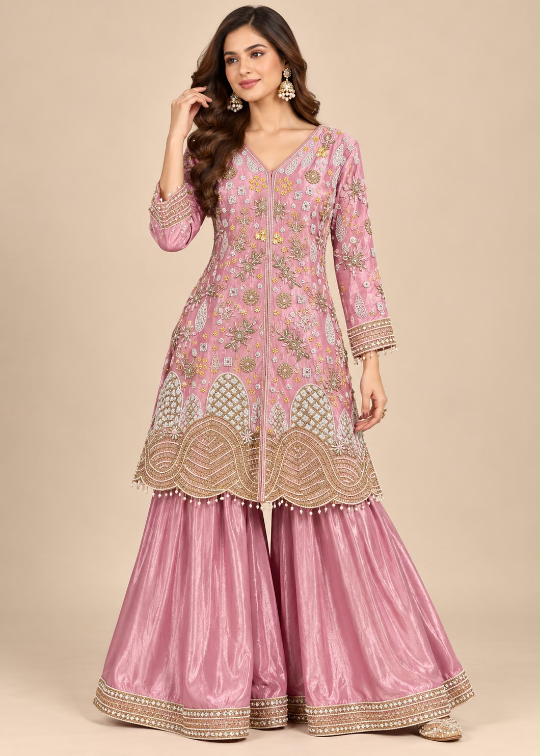 Pink Embroidered Palazzo Suit with Scalloped Hem