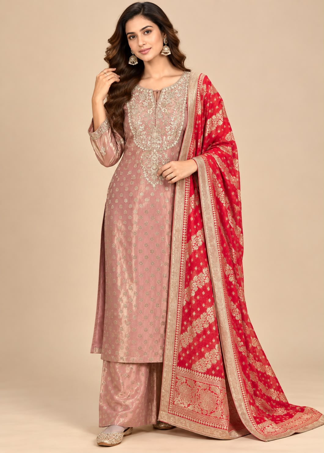 Dusty Rose Embroidered Palazzo Suit with Red Dupatta