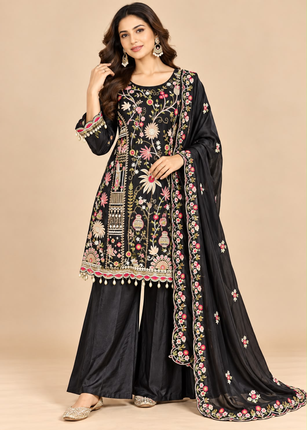 Black Floral Embroidered Palazzo Suit with Dupatta