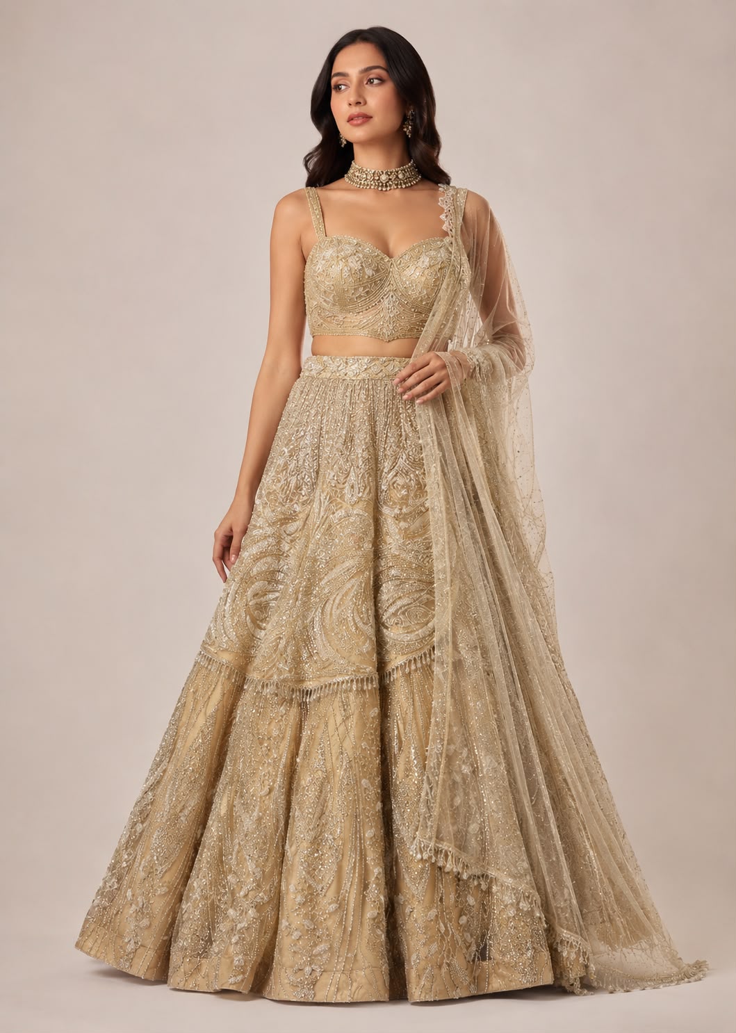 Champagne Embellished Layered Lehenga with Dupatta