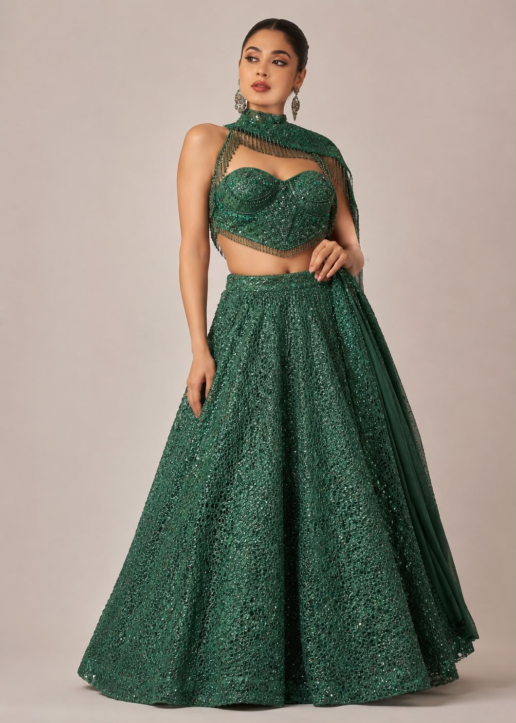 Emerald Green Embellished Lehenga with Fringed Neck Drape Main image