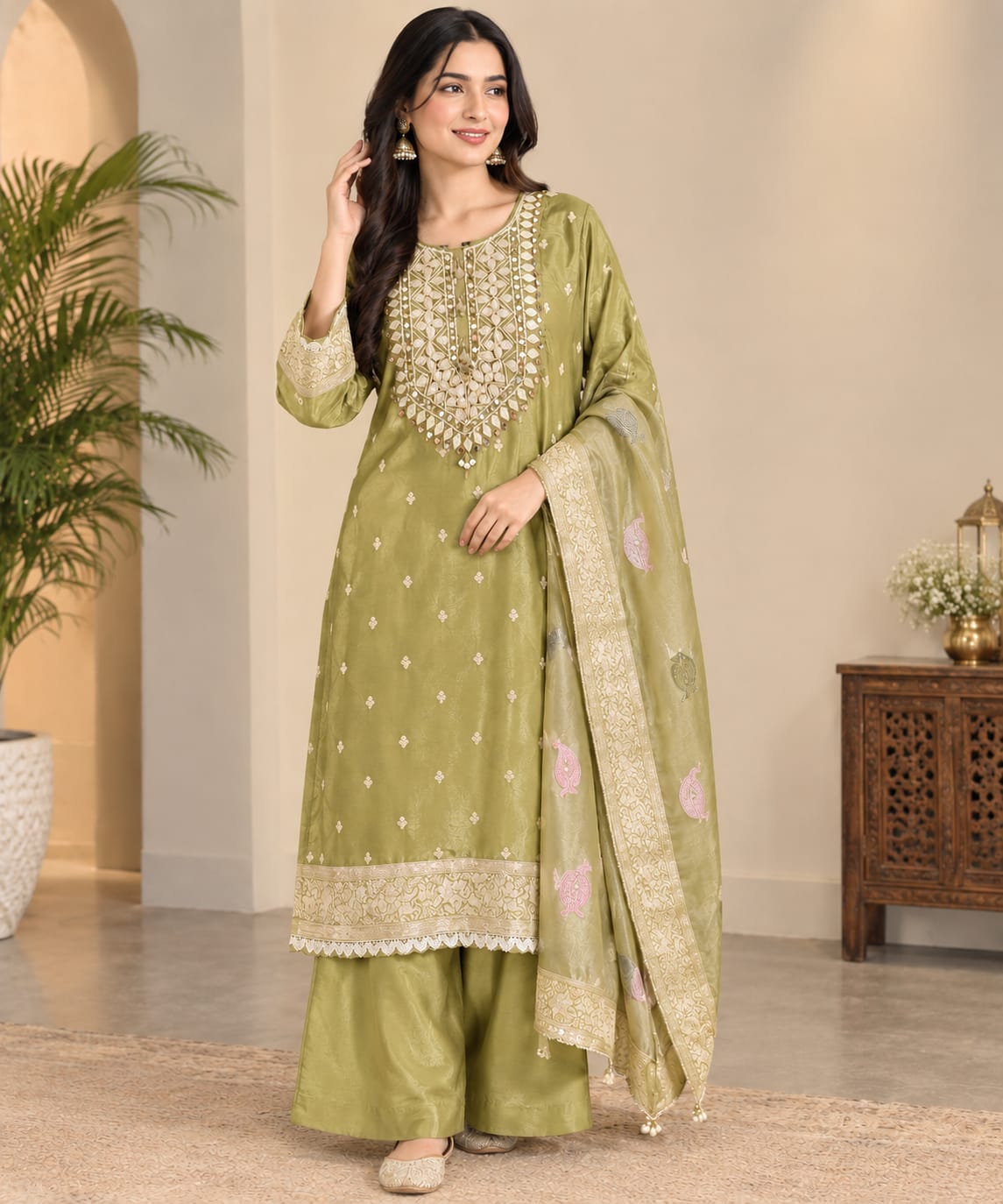 Olive Green Embroidered Silk Kurta Sharara Set