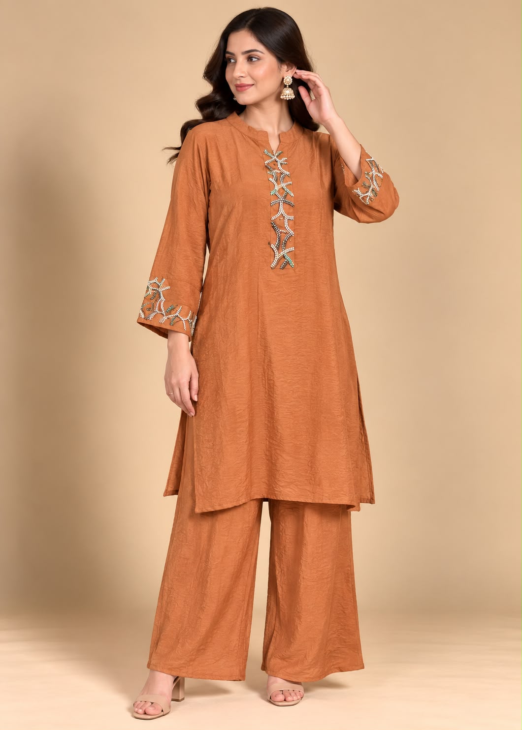 Rust Brown Embroidered Kurti with Palazzo Co-ord Set
