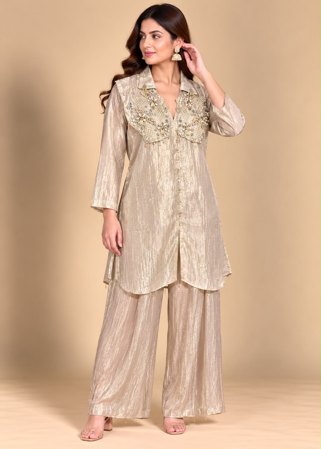 Champagne Gold Embroidered Shirt Kurti with Palazzo Co-ord Set