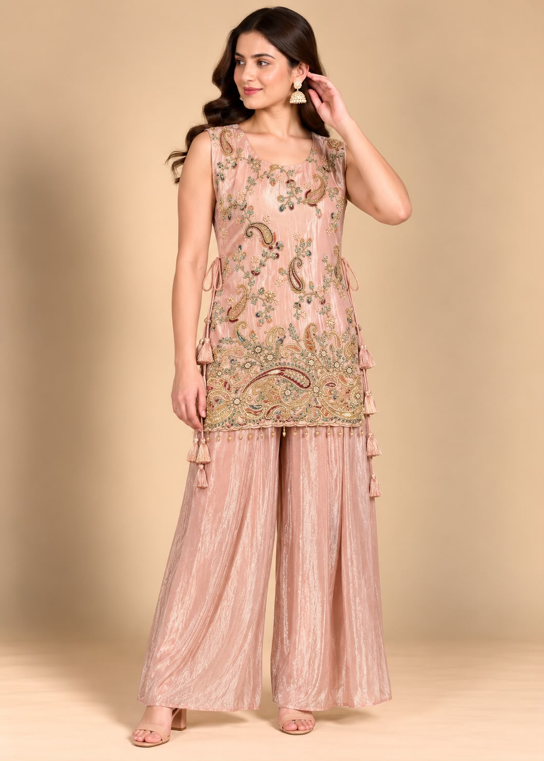 Dusty Pink Embroidered Sleeveless Kurti with Palazzo Co-ord Set