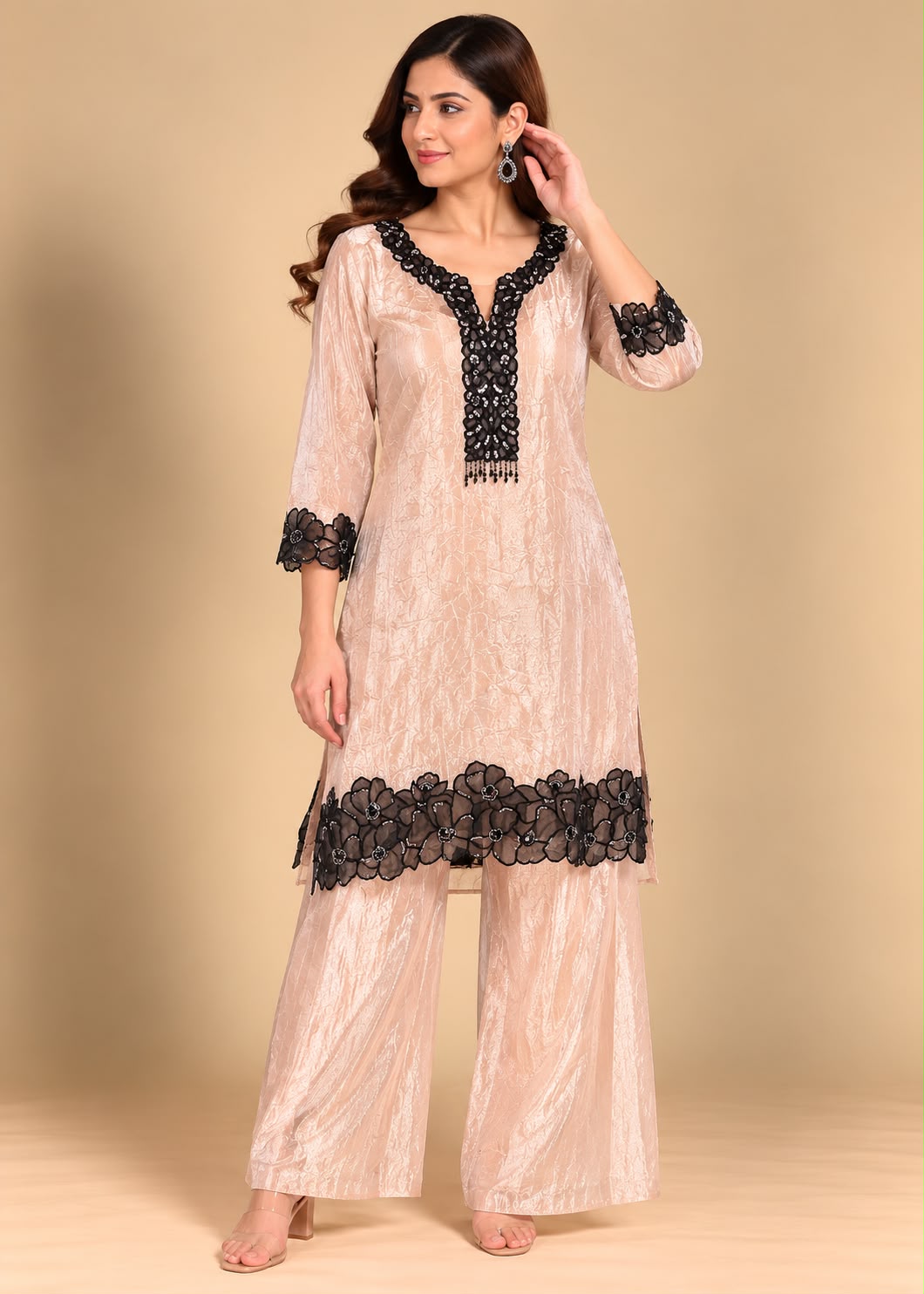 Rose Gold Embroidered Kurti with Palazzo Co-ord Set