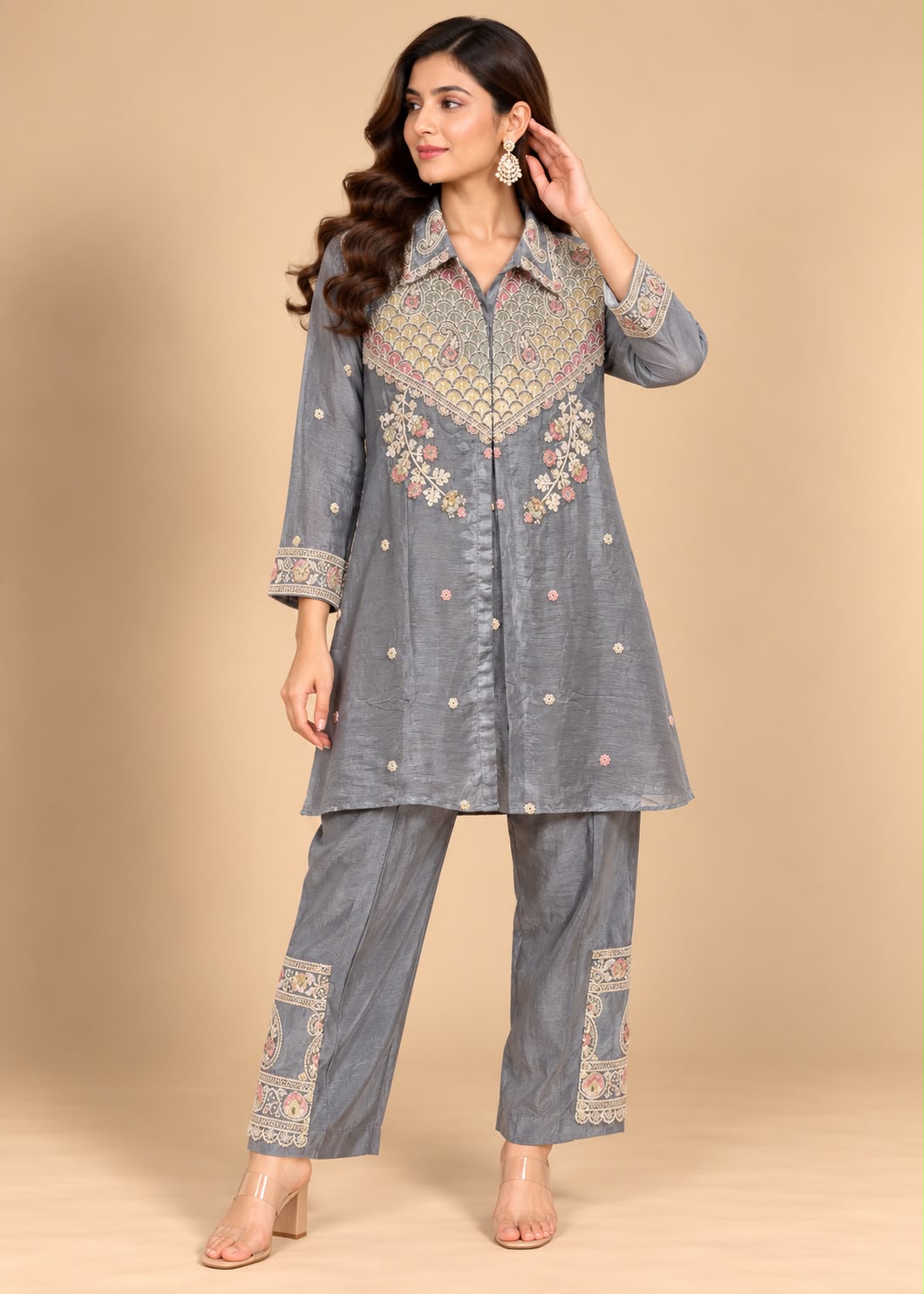 Steel Grey Embroidered Shirt Kurti with Trousers Co-ord Set Main image