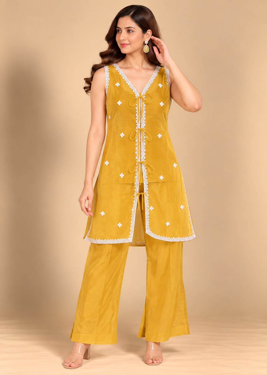 Mustard Yellow Embroidered Sheer Overlay Kurti with Trousers Co-ord Set