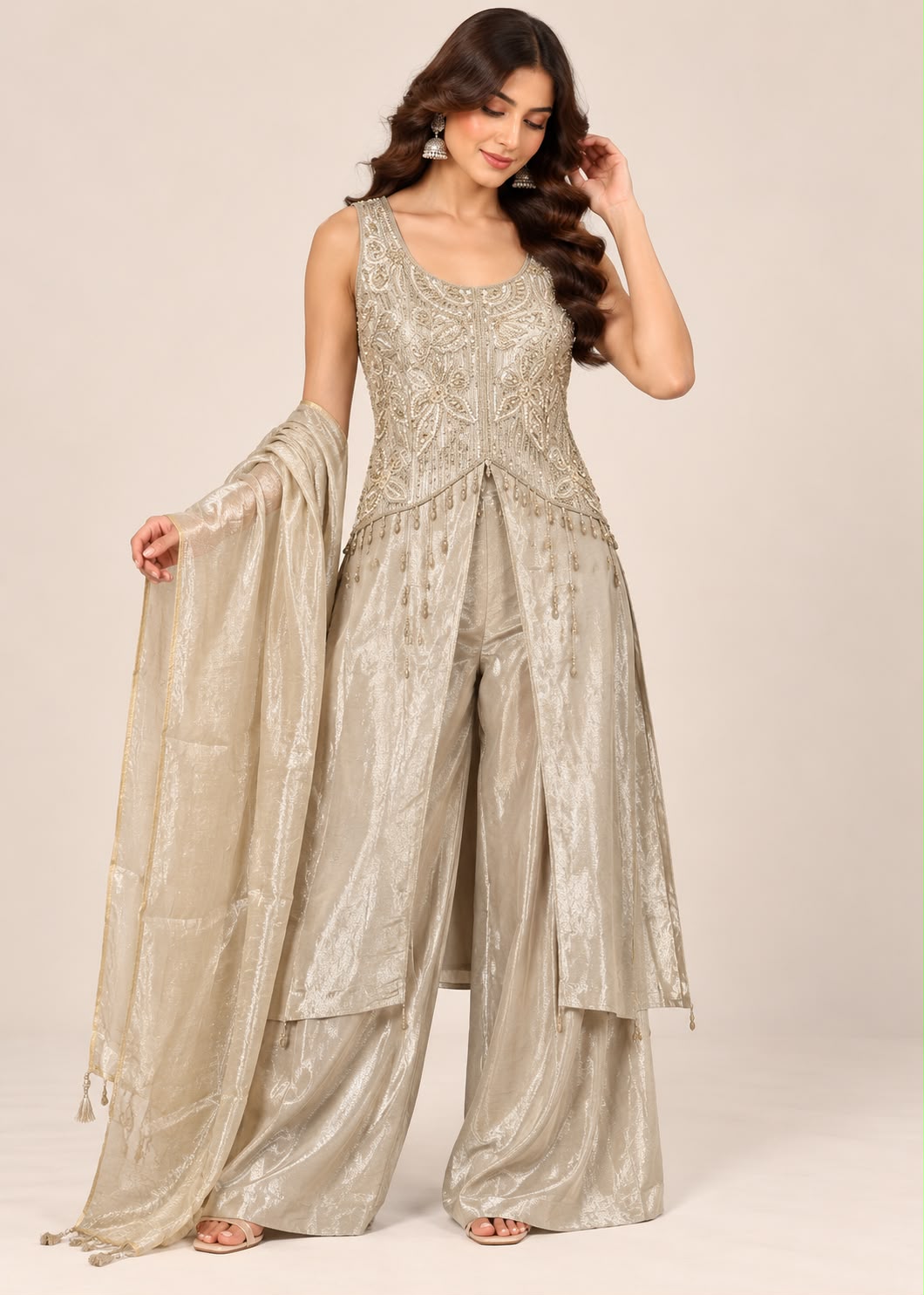 Metallic Champagne Gold Kurti with Palazzo and Dupatta Set
