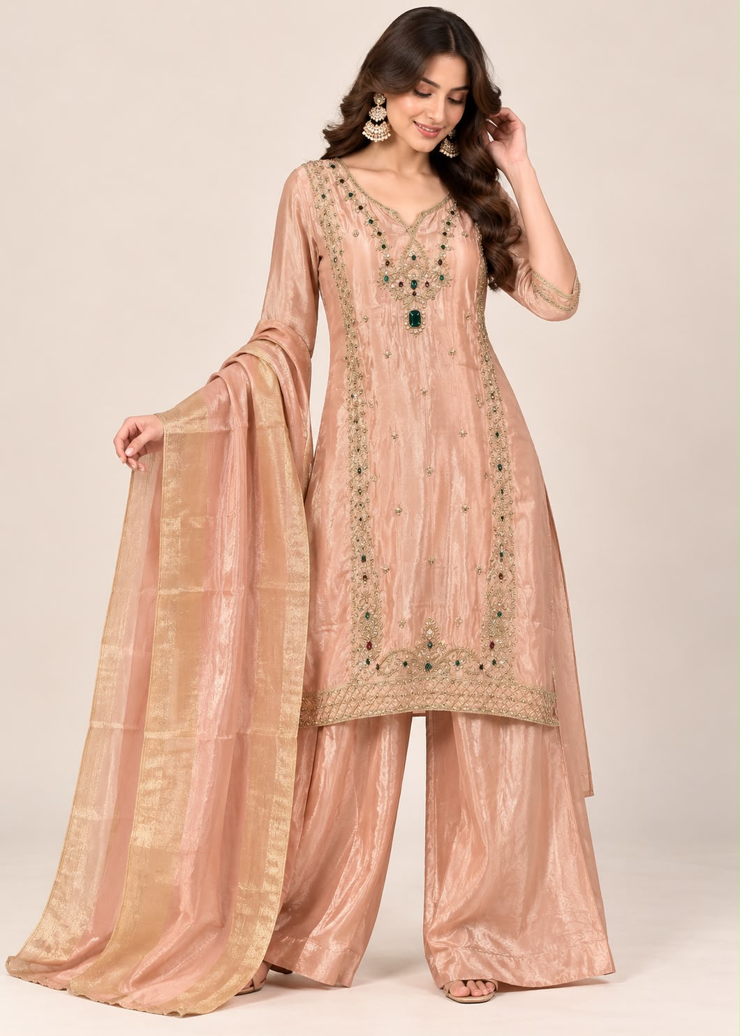 Peach Embroidered Silk Tissue Kurti with Palazzo and Dupatta Set Main image