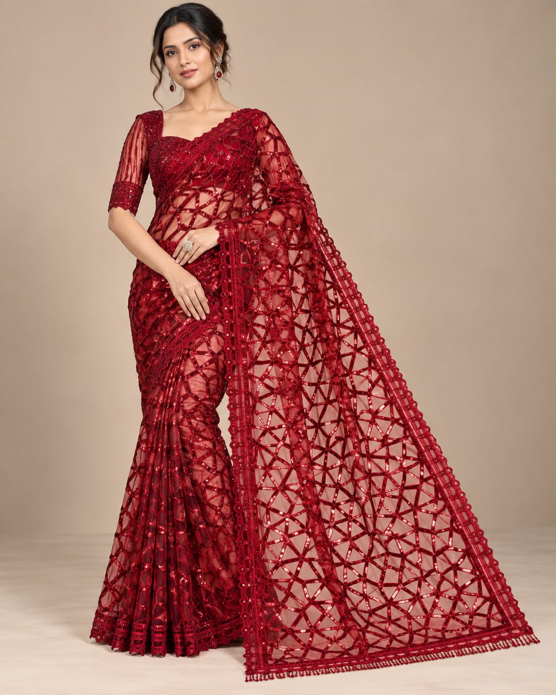 Crimson Red Geometric Sequin Net Saree with Embroidered Blouse Set Main image