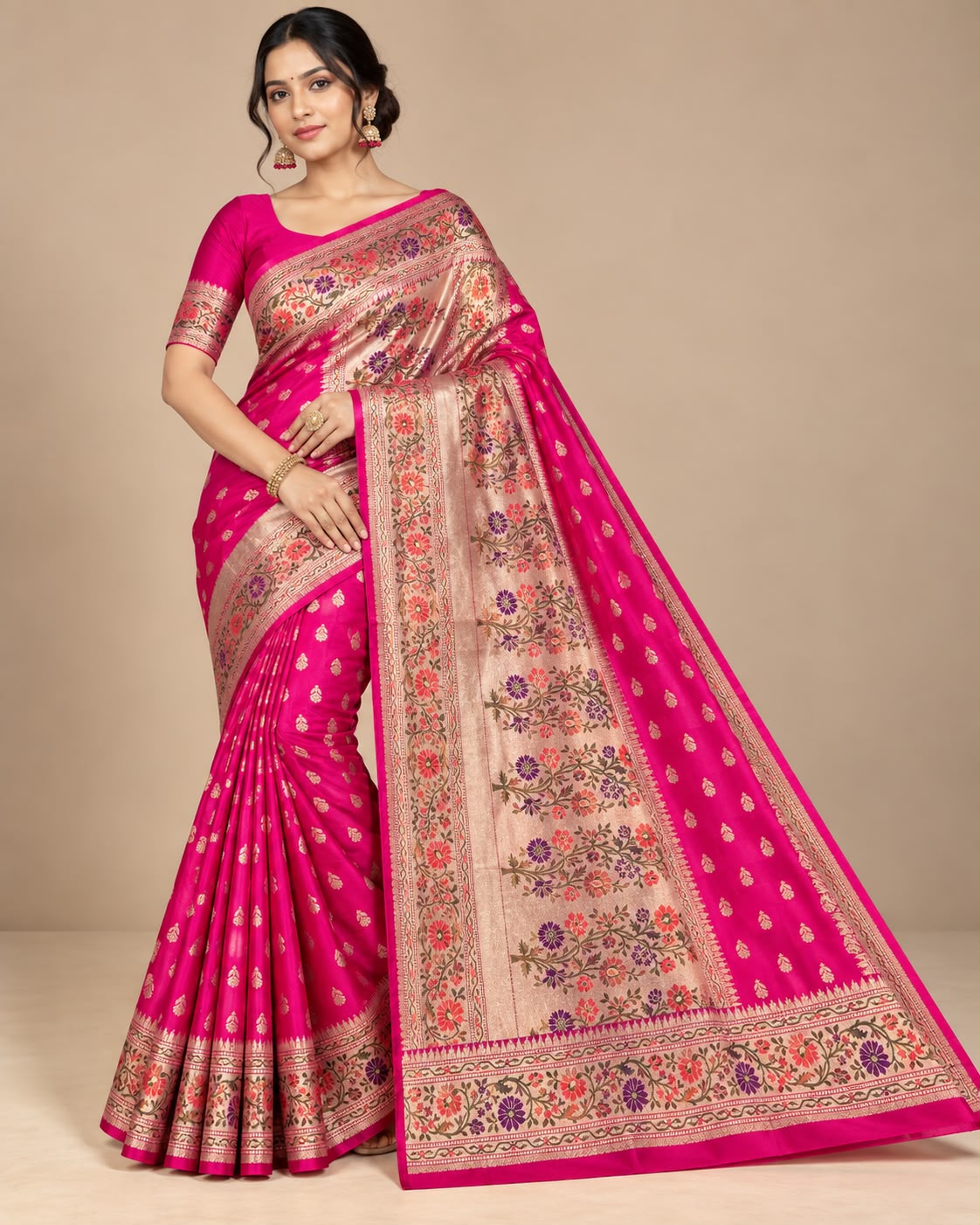 Rani Pink Handwoven Meenakari Banarasi Silk Saree with Blouse