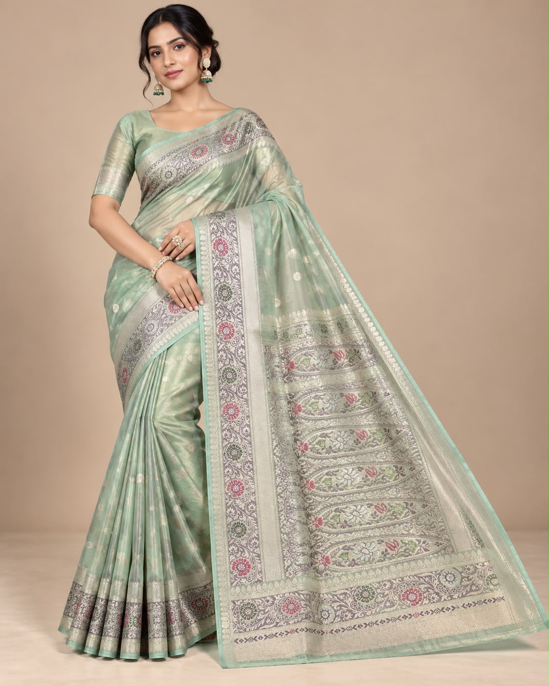 Sage Green Handwoven Meenakari Banarasi Tissue Silk Saree with Blouse Main image