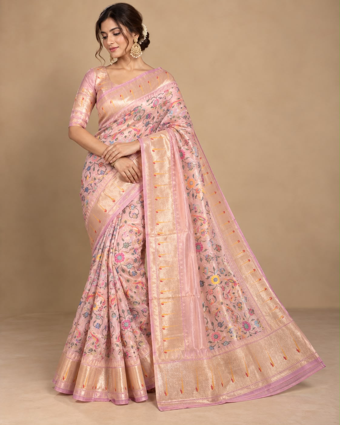 Pinkish Beige Handwoven Shikargah Banarasi Tissue Silk Saree with Blouse