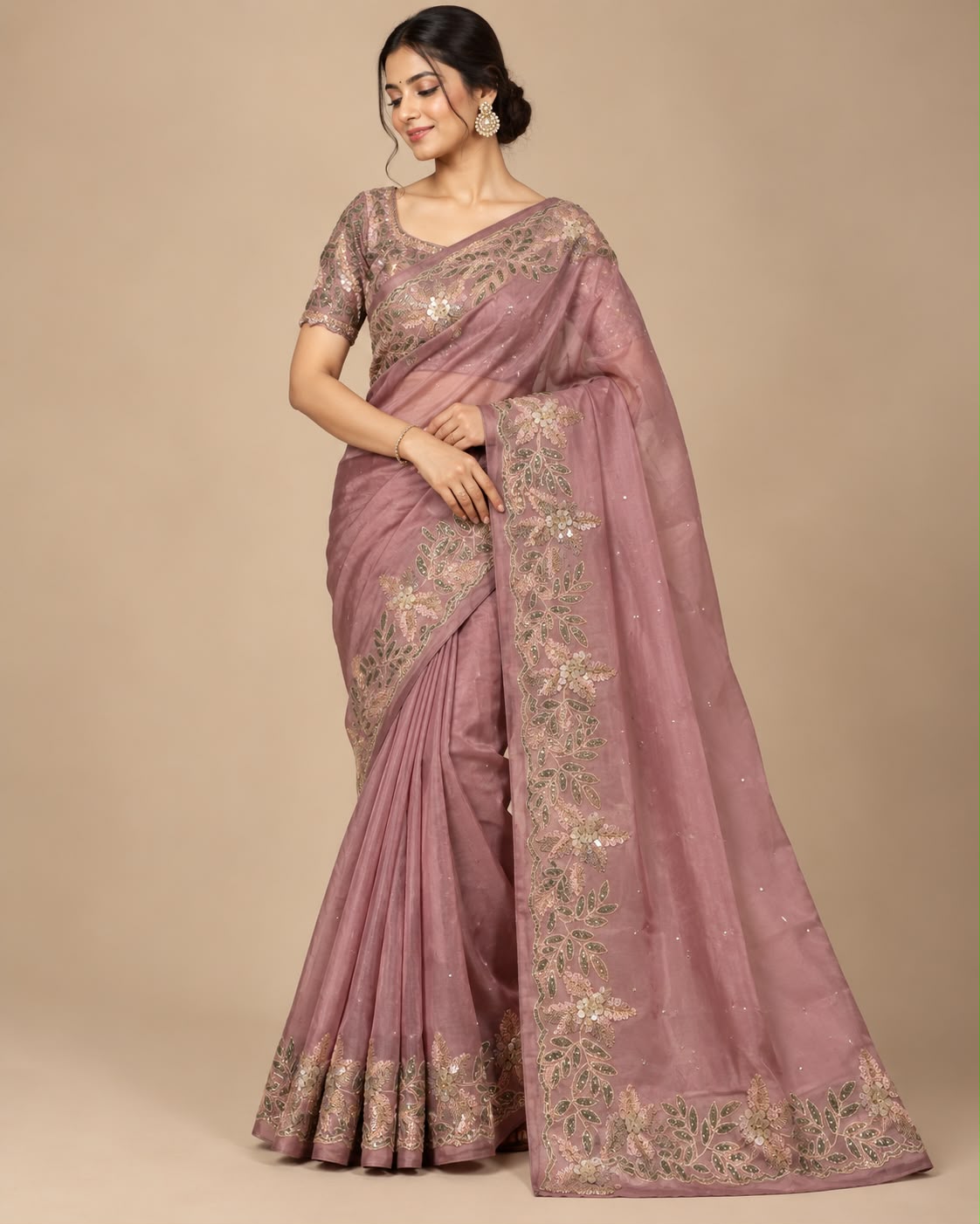 Dusty Mauve Hand-Embroidered Organza Tissue Saree with Blouse Set