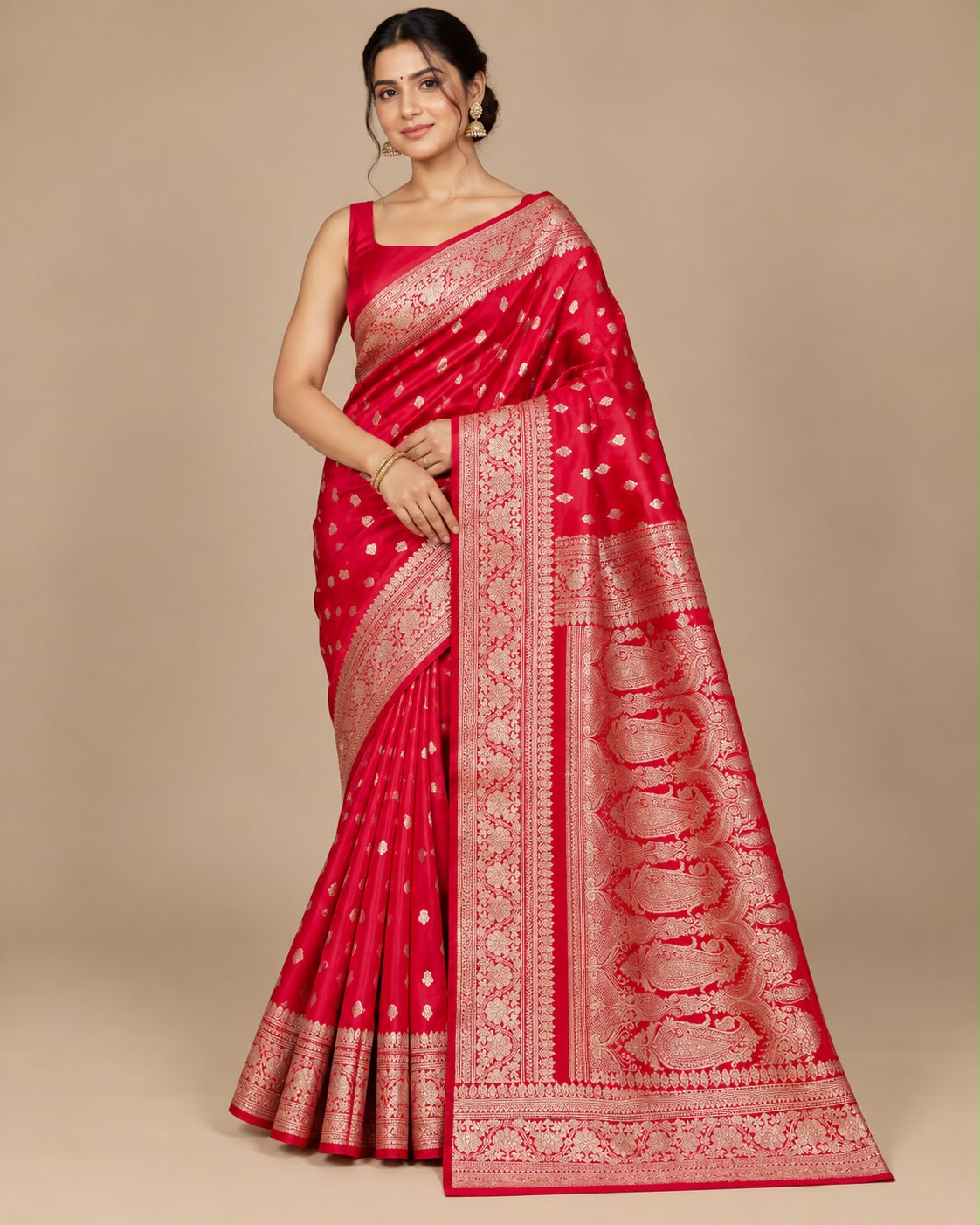 Crimson Red Pure Satin Banarasi Silk Saree with Blouse Main image