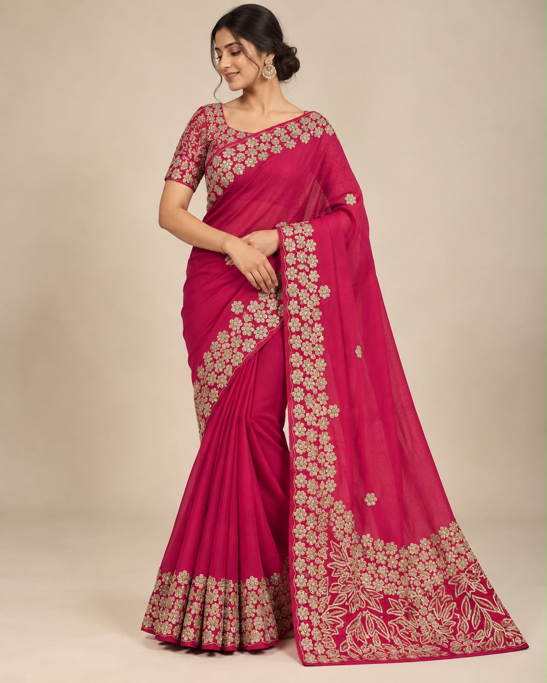 Rani Pink Floral Embroidered Scallop Saree with Heavy Blouse Set