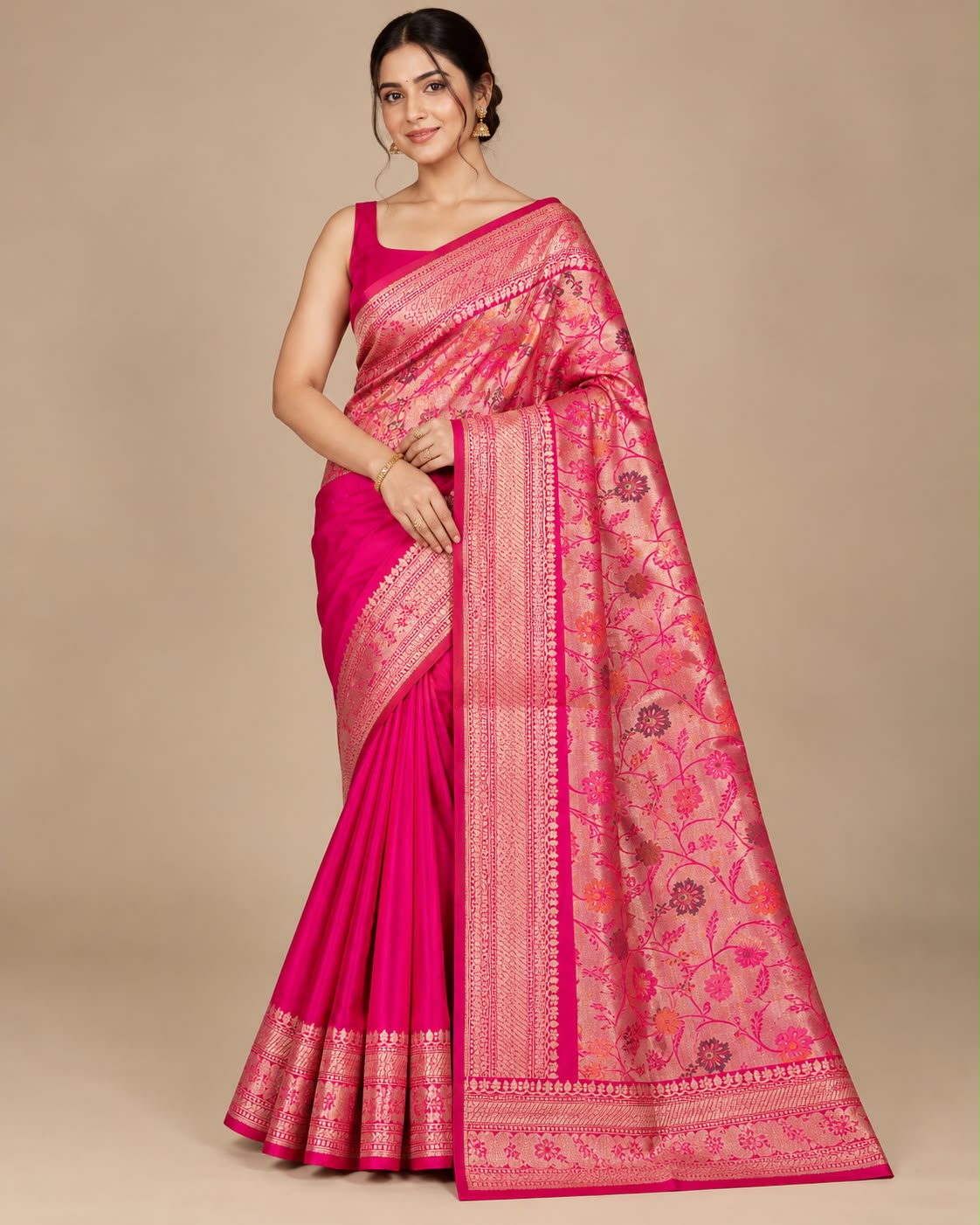 Rani Pink Handwoven Floral Jaal Banarasi Silk Saree with Blouse