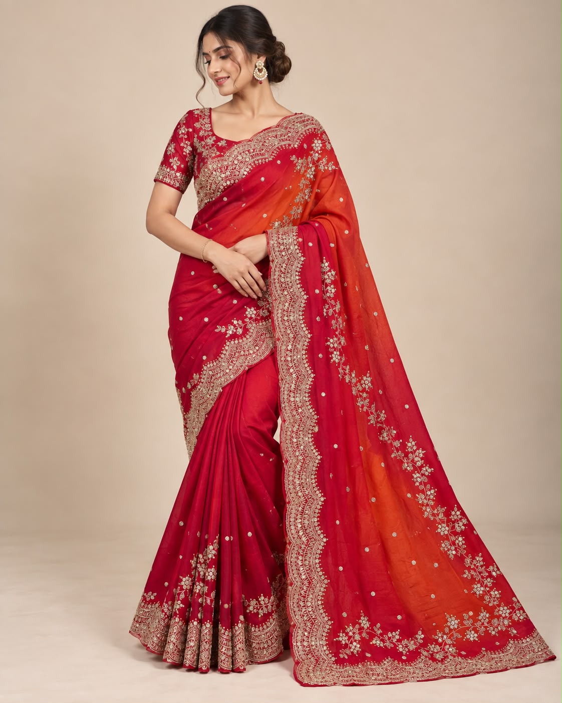 Sunset Ombre Hand-Embroidered Scallop Saree with Blouse Set Main image