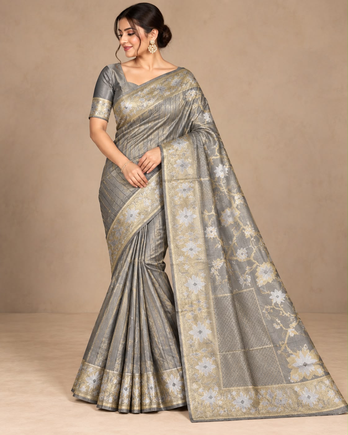 Steel Grey Handwoven Sona-Rupa Banarasi Tissue Silk Saree with Blouse
