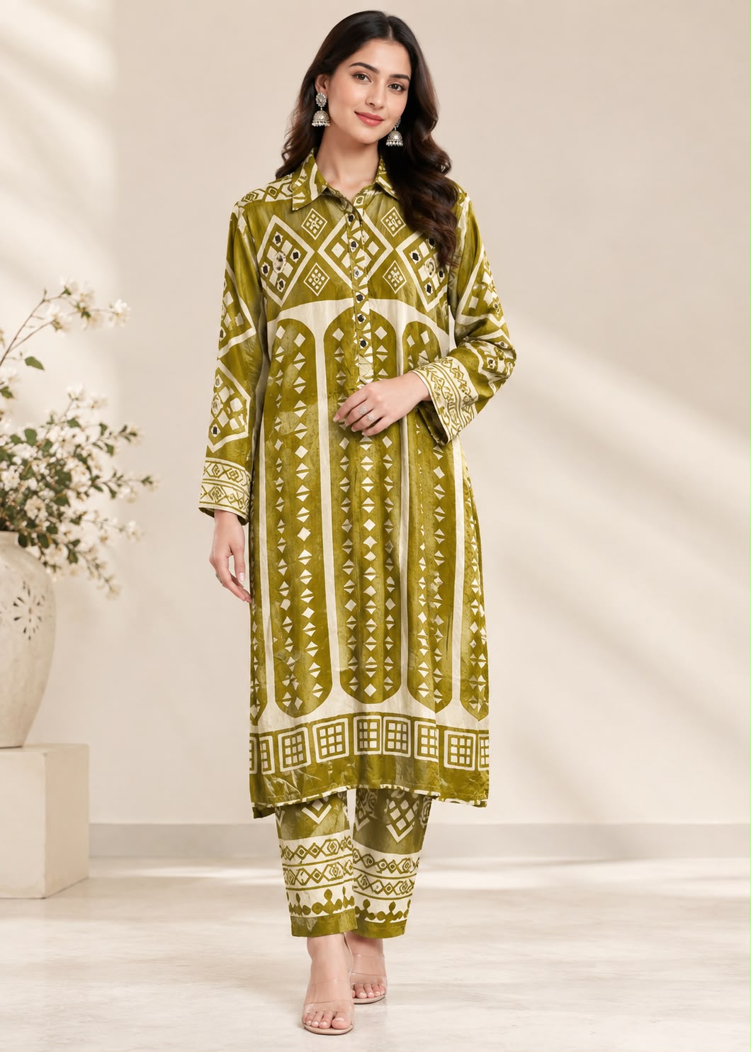 Green Batik Printed Kurta Set Main image