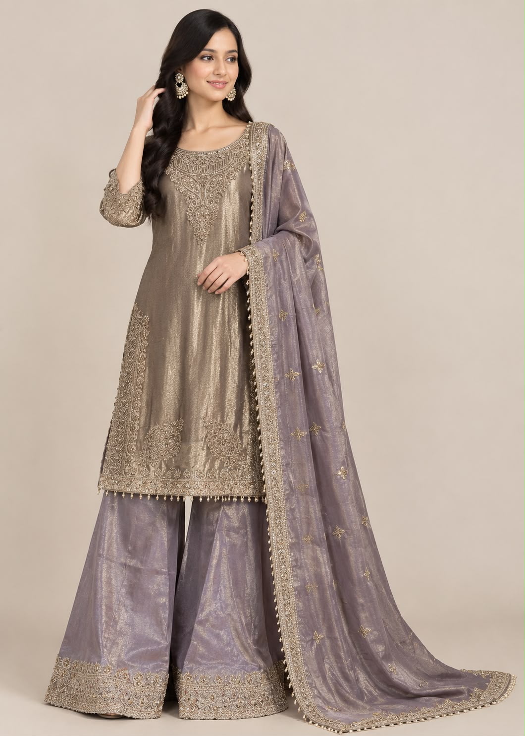 Mauve Grey Embroidered Sharara Suit Set
