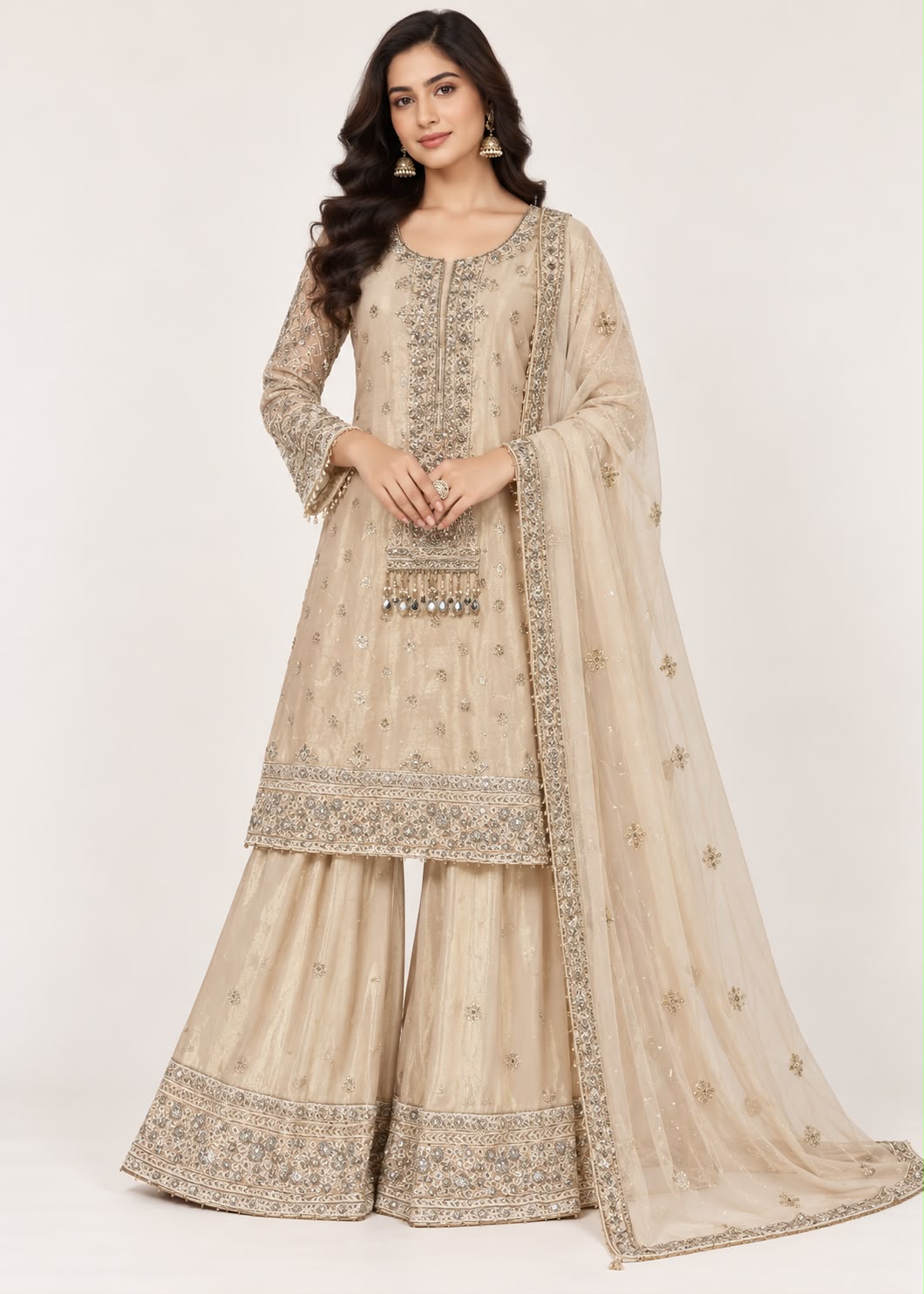 Beige Embroidered Sharara Suit Set Main image