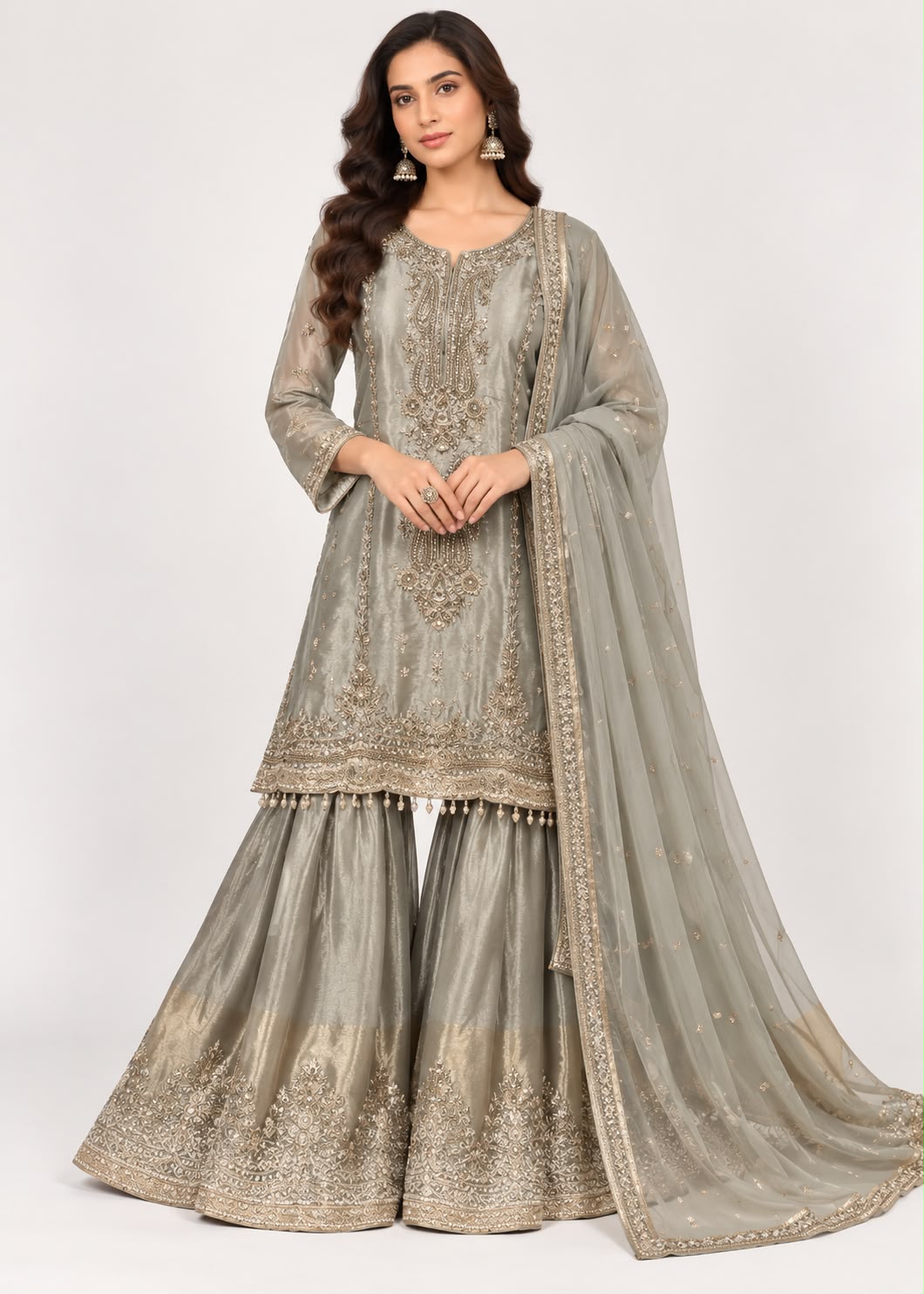 Sage Grey Embroidered Sharara Suit Set