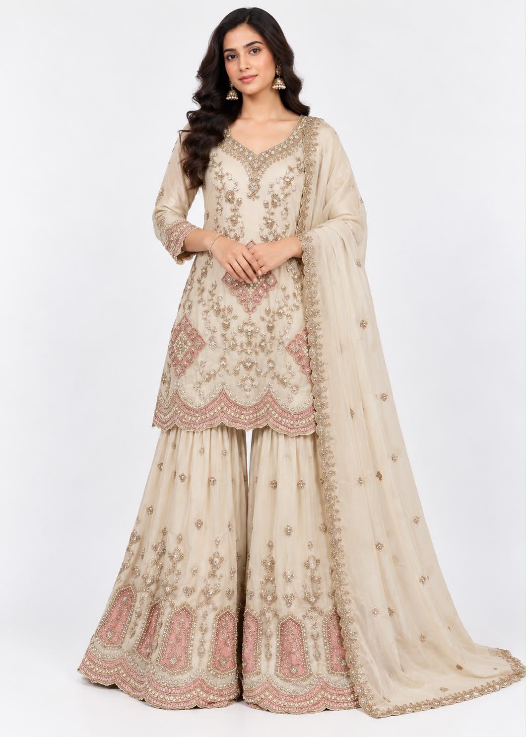 Cream Embroidered Sharara Suit Set